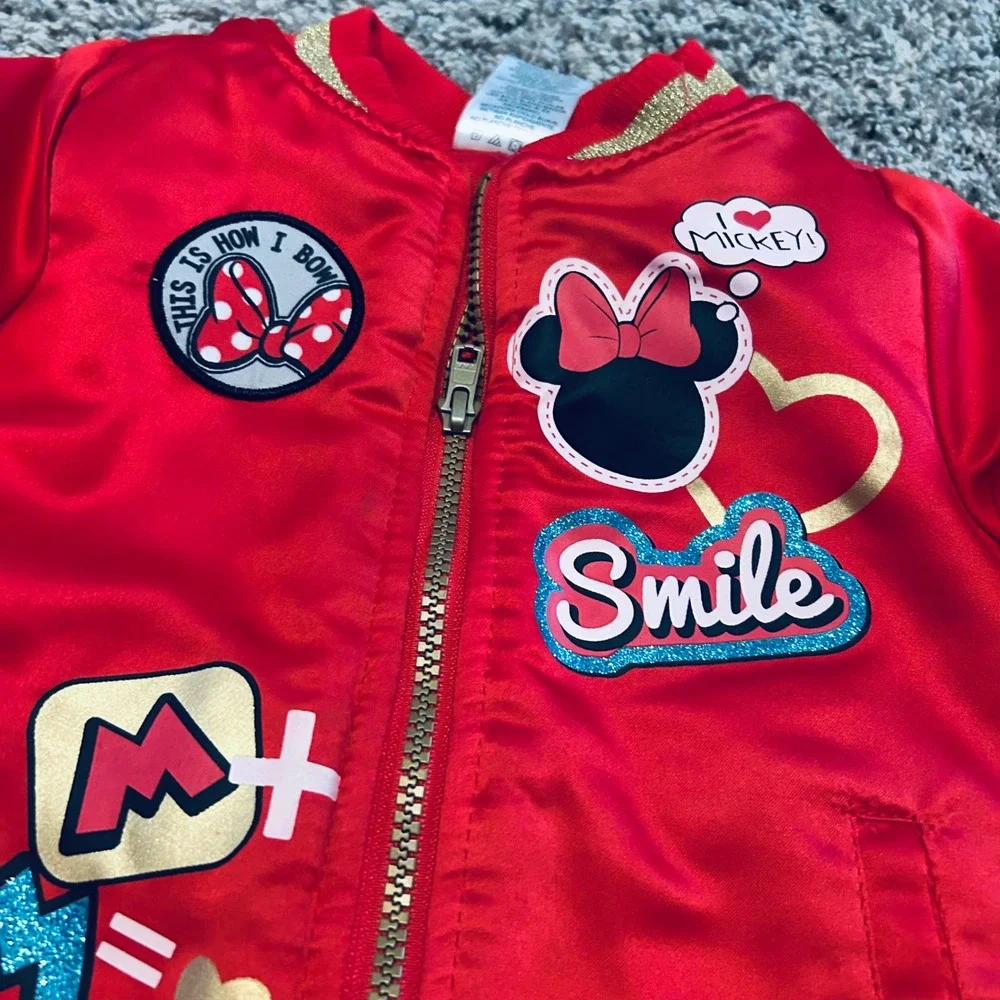 Disney Minnie Mouse Red Satin‎ Bomber Jacket Girls 4T Gold Glitter SCAL01A